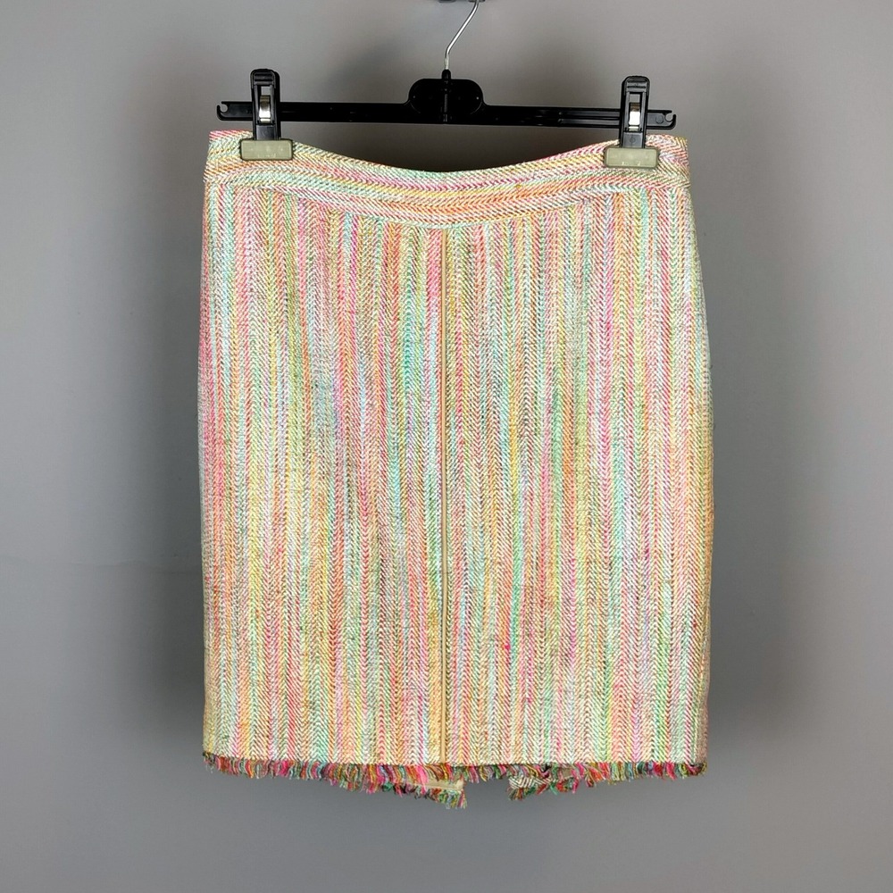 Silk Lurex Tweed Fringe Pencil Skirt Trina Turk Size 8 Multicolor Metallic Lace